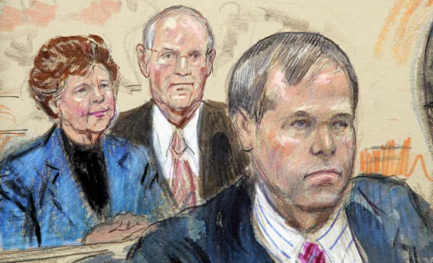 An artist’s rendering of John Hinckley Jr and his parents Jack and Jo Ann in federal court in Washington in November 2004.