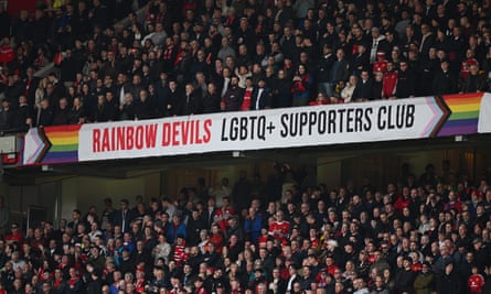 Rainbow Devils LGBTQ supporters club banner during the match between Manchester United and Everton at Old Trafford on 1 December 2024