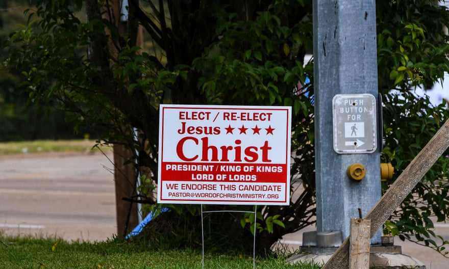 A sign motivating Christian voters is seen on a roadside near a church in Jackson, Mississippi, in September 2020.