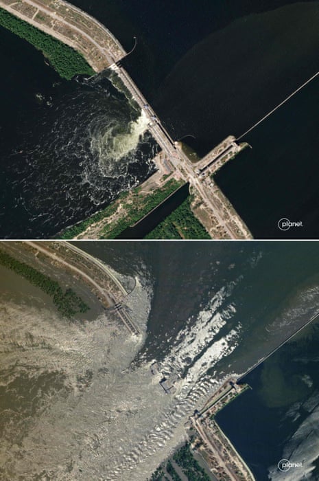 The top image shows the undamaged Kakhovka HPP dam and an image taken on June 6, 2023 showing water flowing through the damaged Kakhovka HPP dam.