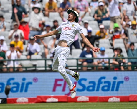Marco Jansen celebrates taking a catch to dismiss Travis Head