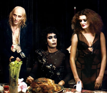 Tim Curry with Richard O'Brien and Patricia Quinn in The Rocky Horror Picture Show.