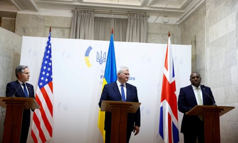 US secretary of state Antony Blinken, Ukrainian Foreign Minister Andrii Sybiha and British foreign secretary David Lammy in Kyiv.