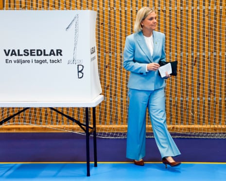 Social Democrats party leader Magdalena Andersson votes at a polling station in Nacka, Sweden.