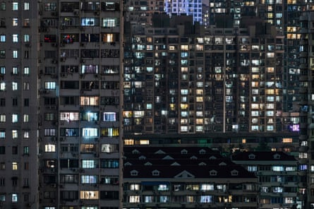 View of residential units during a Covid-19 coronavirus lockdown in the Jing’an district of Shanghai on 21 April 2022.