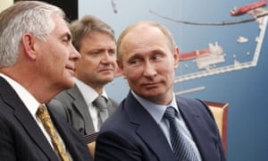 Rex Tillerson, left, is seen with Russian president Vladimir Putin and Krasnodar governor Alexander Tkachev at the signing of an agreement between Rosneft and Exxon Mobil.