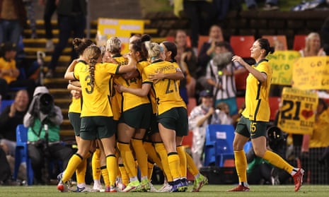 The Matildas celebrate Kyah Simon’s late equaliser in the international friendly against the USA in Newcastle.