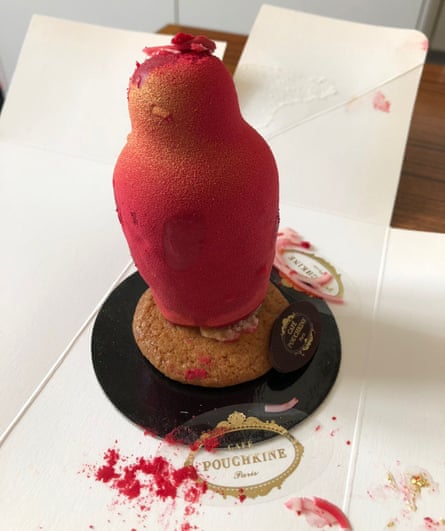 Essentially a patisserie matryoshka doll filled with cream and cherry goo from Cafe Pouchkine in Paris.