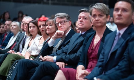 Peter Mandelson in front row listening to shadow ​chancellor Rachel Reeves’ keynote speech⁣ at Labour conference