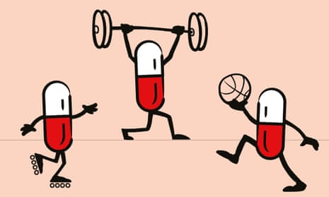 three little anthromorphic pill capsules lifting a barbell, playing basketball and rollerskating