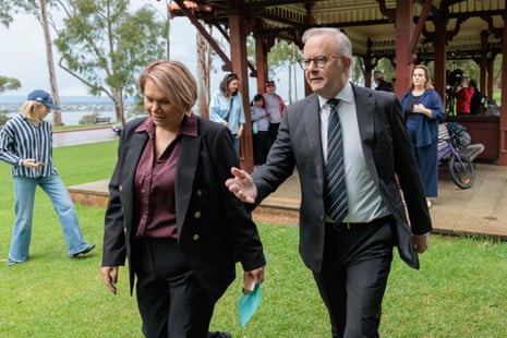 Prime minister Anthony Albanese and Western Australia senator Dorinda Cox leave a press conference in Perth on Monday.