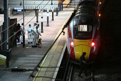 Police officers and a dog handler work on the platform alongside an LNER Azuma train at Huntingdon Station in Huntingdon, eastern England, on 1 November, 2025, following a stabbing on a train.