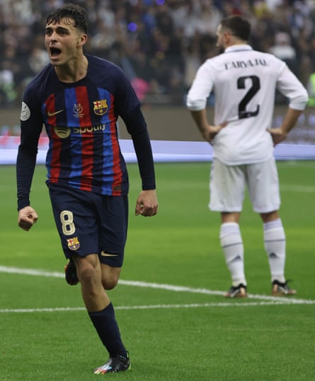 Pedri, seen here celebrating a goal against Real Madrid in the recent Super Cup, finished at No 21 last year. Has he moved up or down?