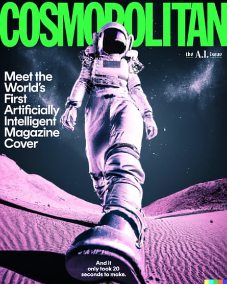 The cover of Cosmopolitan showing an astronaut striding on a purple-hued planet, and reading ‘Meet the world’s first artificially intelligent magazine cover... and it only took 20 seconds to make.’
