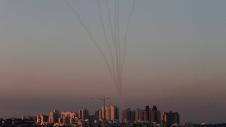Rockets and interceptors seen in skies above Israeli city of Ashkelon - video