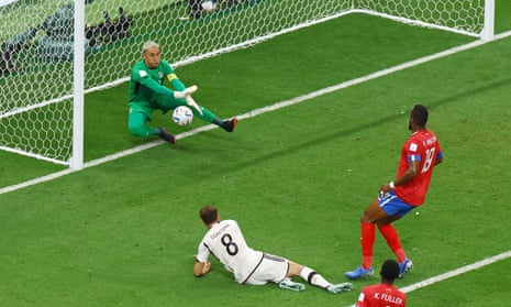 Germany’s Leon Goretzka heads at goal but is thwarted by a reflex save from Costa Rica’s Keylor Navas.