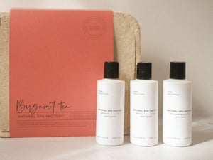 Bergamot &amp; black tea body care trio  in a gift box made of fungus and agriculture waste, £22, Naural Spa Factory