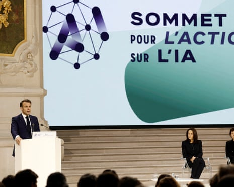 Emmanuel Macron at the AI summit in Paris. Keir Starmer did not attend