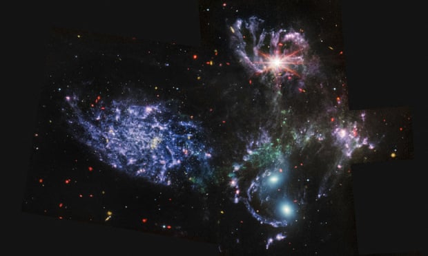 An image from the Mid-Infrared Instrument (Miri) on the James Webb space telescope shows details of Stephan’s Quintet, a visual grouping of five galaxies.