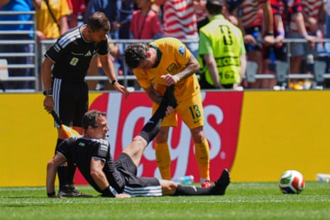 Germany's referee Felix Zwayer is assisted by Australia's Aiden O'Neill