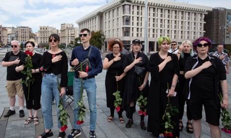 Mourners line up at the funeral of Daria Filipieva in Kyiv