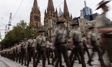 ADF personnel participate in the Anzac Day march in Melbourne.