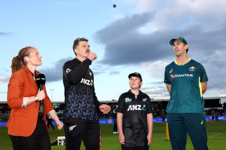 Mitchell Marsh of Australia and Michael Bracewell of New Zealand during the coin toss