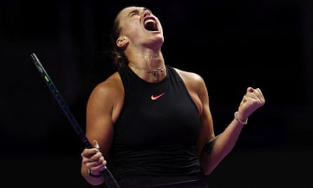 Aryna Sabalenka roars in delight during her win over Jasmine Paolini.