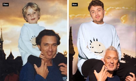 Roman Kemp sitting on Martin Kemp's shoulders outside with a dramatic sky in 1997 and 2024.