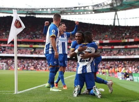 Brighton players celebrate during the 3-0 win at Arsenal.