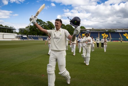 Ryan Hadley celebrates after guiding Glamorgan to victory against Somerset.