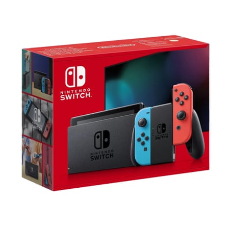 A red Nintendo Switch console box shows the device with blue and red controllers attached