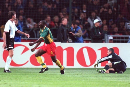 Pierre Njanka runs distant successful ceremony aft scoring for Cameroon successful their World Cup 1998 group lucifer against Austria successful Toulouse.