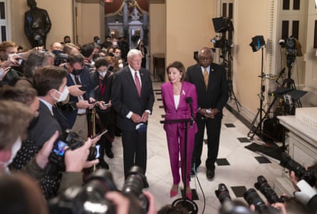 Steny Hoyer, Nancy Pelosi and James Clyburn speak to the press at the Capitol in Washington on Friday.