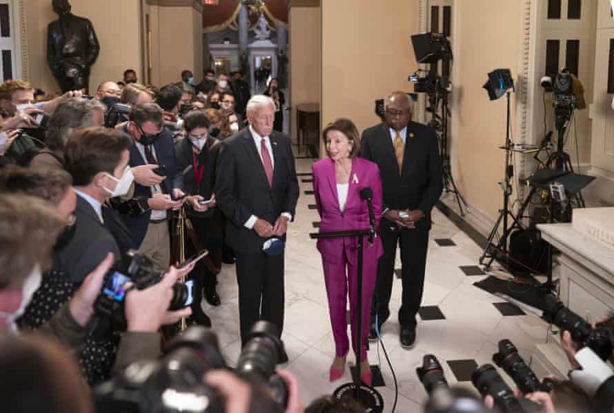 Steny Hoyer, Nancy Pelosi and James Clyburn speak to the press at the Capitol in Washington on Friday.