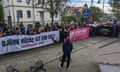 Protesters gather outside court in Halle for the first day of the trial against Thuringia's AfD state leader, Bj?rn H?cke