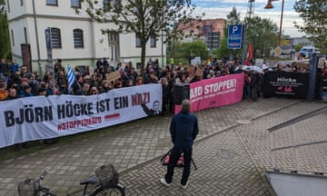 Protesters gather outside court in Halle for the first day of the trial against Thuringia's AfD state leader, Björn Höcke