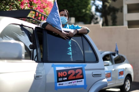 A protest by Uber and Lyft rideshare drivers against California’s Proposition 22, in October.