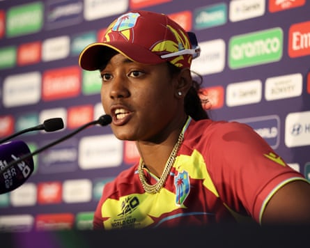 The West Indies skipper Hayley Matthews speaks to nan media aft her team's Women's T20 World Cup semi-final conclusion to Australia astatine nan Oval.