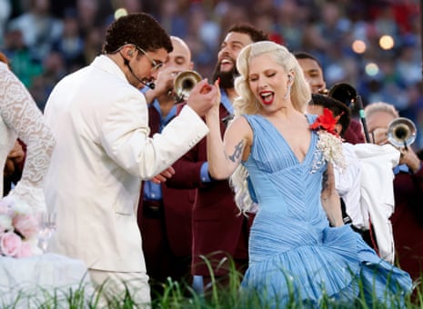Bad Bunny and Lady Gaga perform during the half-time show of Super Bowl LX at Levi’s Stadium in Santa Clara.