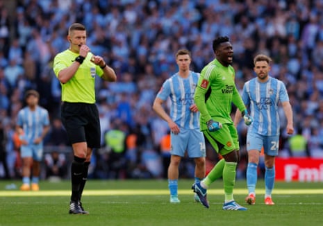 Andre Onana reacts after referee Robert Jones disallows the goal. Heartbreak for Coventry.