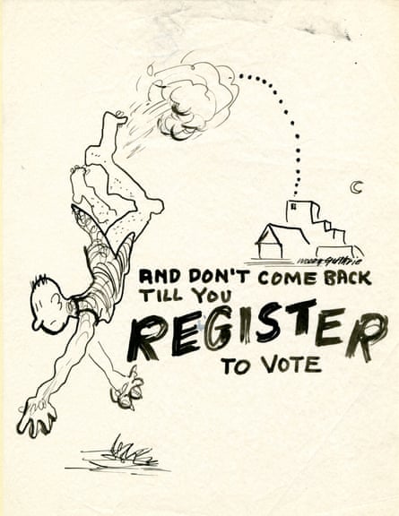 An illustrating showing a man getting booted and the words ‘and don’t you come back till you register to vote’