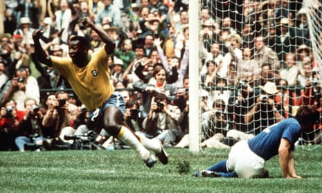 Pelé celebrates after scoring for Brazil against Italy in the 1970 World Cup final.