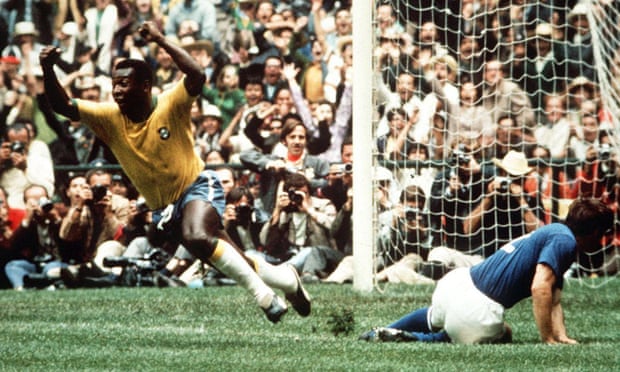 Pelé scores for Brazil in the 1970 final against Italy.