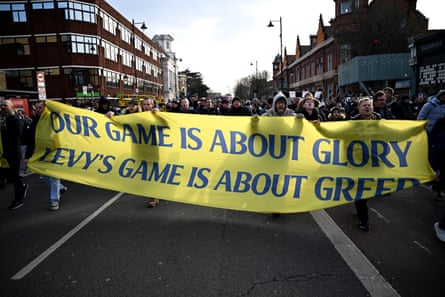 Tottenham fans hold up a protest banner outside the stadium in February 2025