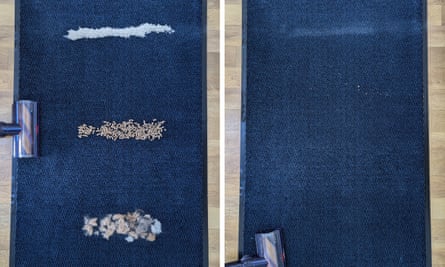 Before (left) and after (right) the Dyson Gen5detect tackled the flour, cat litter and pet hair.