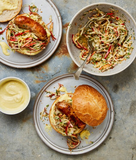 Yotam Ottolenghi’s sausage sandwiches with apple mustard and apple slaw.