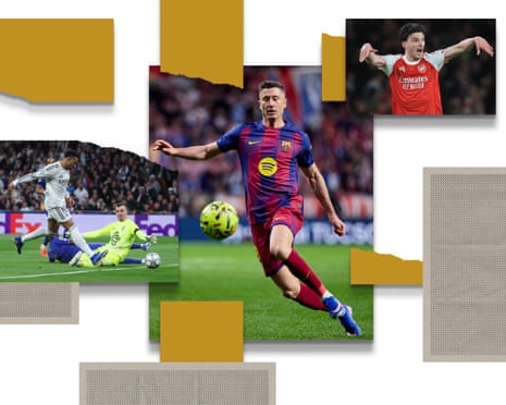 Kylian Mbappé, Robert Lewandowski and Declan Rice composite