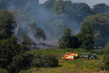 Emergency services at the scene of a major heathland blaze in the New Forest near Ringwood in Hampshire.