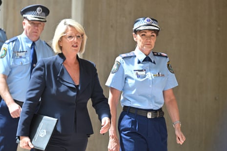 NSW Police Minister Yasmin Catley and NSW Police Commissioner Karen Webb arrive at a press conference in Sydney, Sunday, October 6, 2024. (AAP Image/Mick Tsikas) NO ARCHIVING